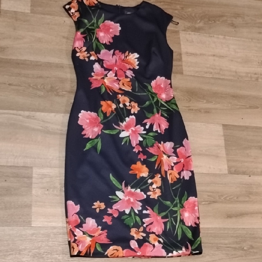 Vince Camuto Navy Dress with Pink and Orange Floral Design
